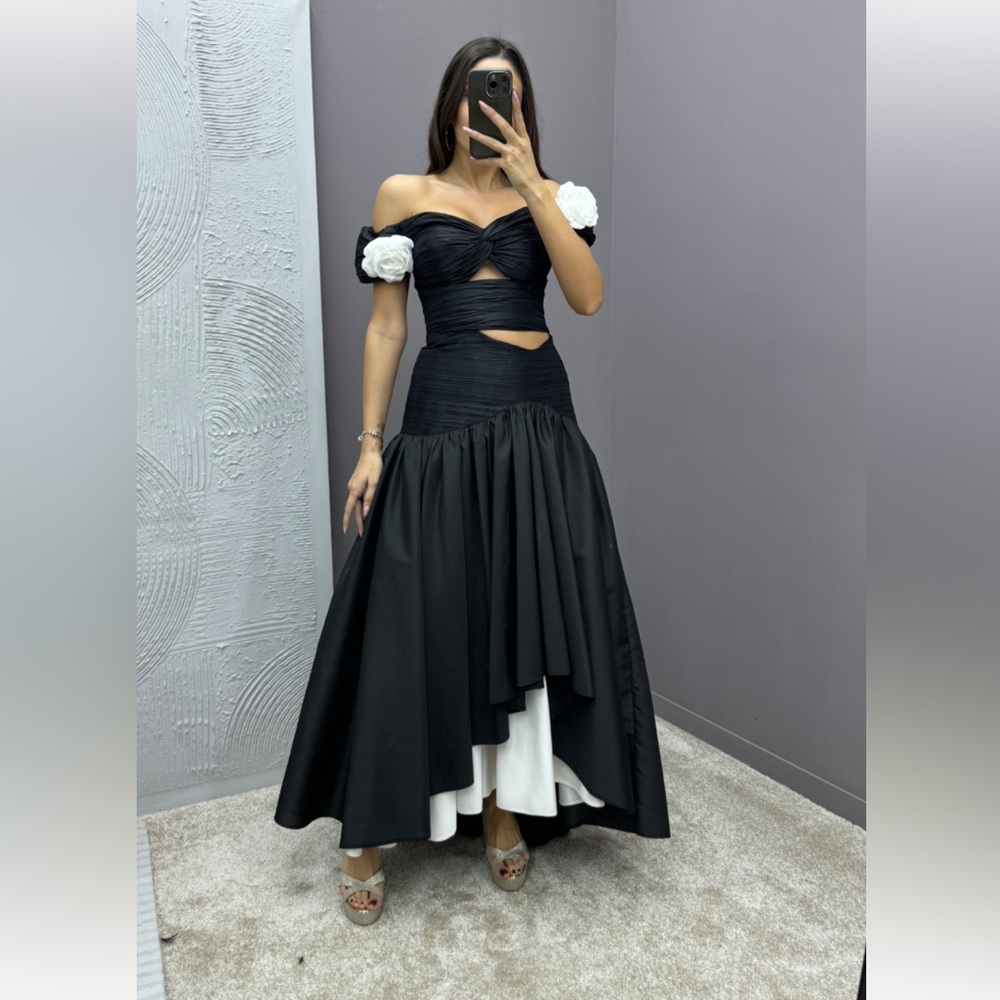 Elegant Black and White Off-Shoulder Gown
